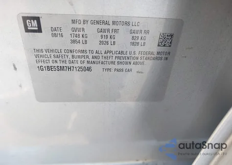2017 Chevrolet Cruze Lt Auto z USA, uszkodzony, nr VIN 1G1BE5SM7H7125046